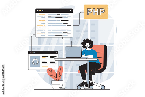 Software development concept with people scene in flat design for web. Man coding and creating programming code for new products. Vector illustration for social media banner, marketing material.