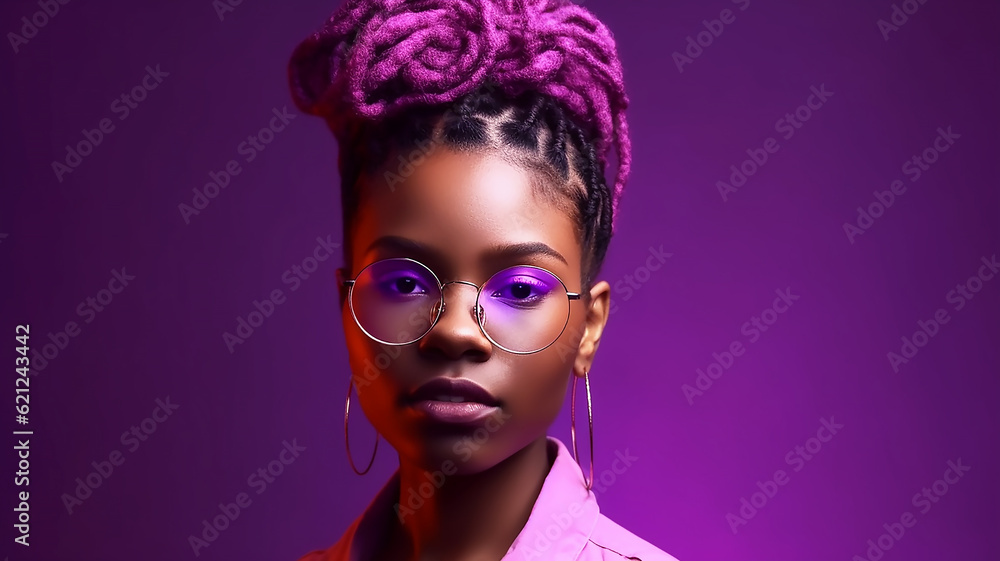Fashion young african girl black woman wear stylish pink glasses on party purple studio background, portrait, copy space Fashion young african girl black woman wear stylish pink glasses on party purple studio background, portrait, copy space