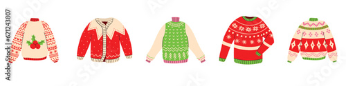 Christmas ugly sweater party. Cozy knitted jumper for winter holiday. Hand drawn vector set with texture and fur lines.