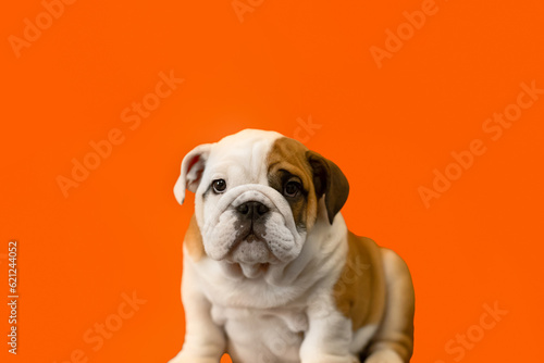Cute English bulldog puppy on an orange background. Pets. A thoroughbred dog © Alexander