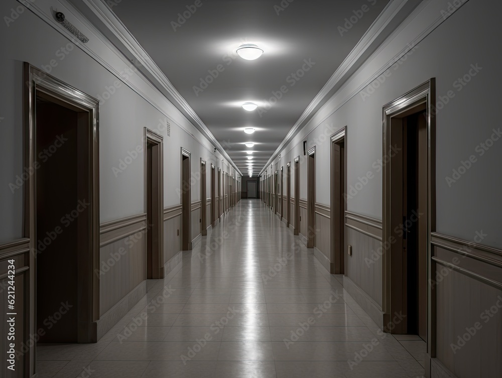 Empty long corridor with many doors, AI generative