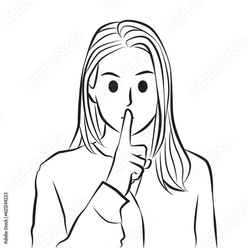 young cute woman hushing telling secret holding finger mouth
