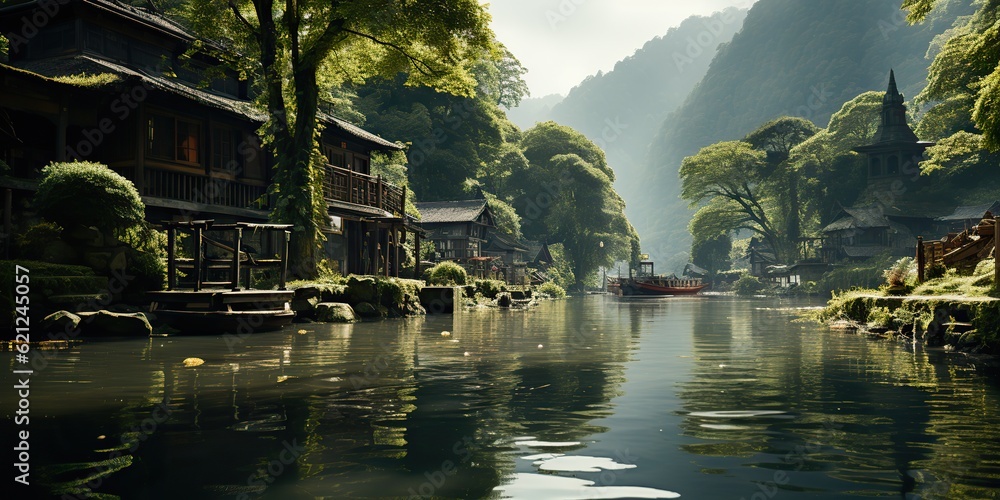 AI Generated. AI Generative. Chinese asian traditional classic culture village city houses. Nature outdoor explore travel adventures vibe. Graphic Art AI Generated. AI Generative. Chinese asian traditional classic culture village city houses. Nature outdoor explore travel adventures vibe. Graphic Art
