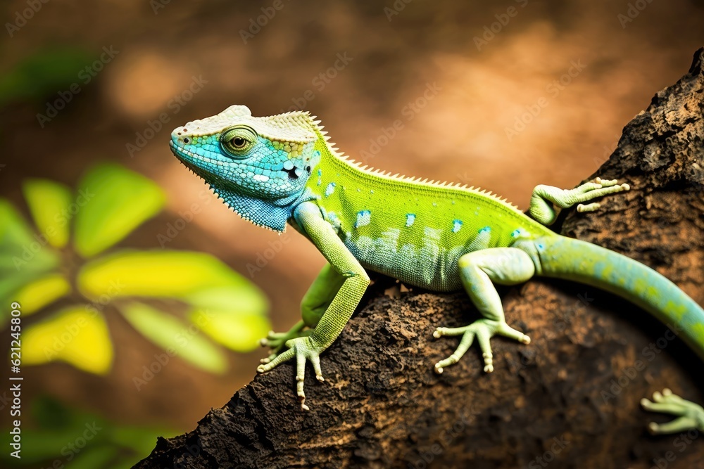 colorful lizard perched on a tree branch in a natural setting. Generative AI colorful lizard perched on a tree branch in a natural setting. Generative AI