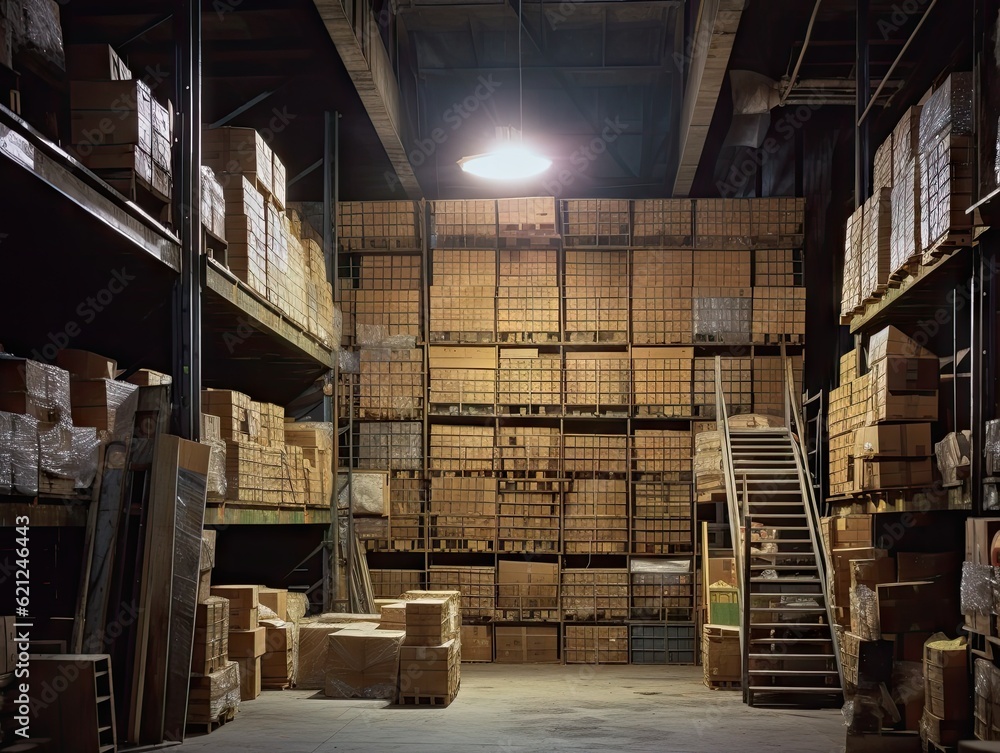 Rows Of Shelves With Boxes In Warehouse, AI generative Rows Of Shelves With Boxes In Warehouse, AI generative