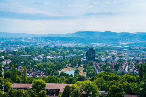 Germany, Stuttgart city aerial panorama view above district killesberg city houses, skyline, trees and big city life atmosphere of the metropolis