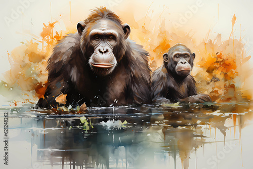 A mommy Gorilla with her baby painting, Lake, Generative AI