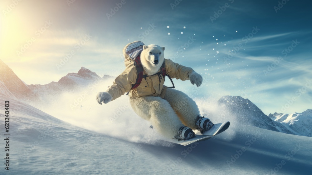 Generative AI. White polar bear in a ski suit is skiing at a ski resort. A creative image with a wild animal is an advertisement for an active winter extreme sport. - obrazy, fototapety, plakaty 