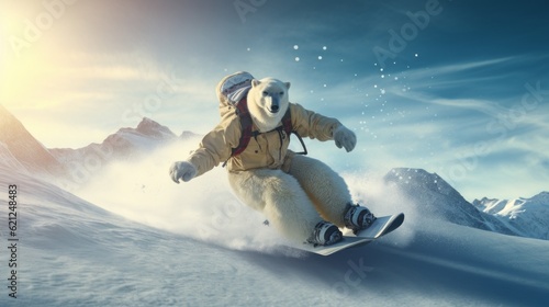 Generative AI. White polar bear in a ski suit is skiing at a ski resort. A creative image with a wild animal is an advertisement for an active winter extreme sport.