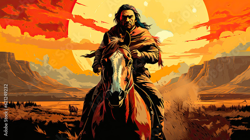 Native American man on horseback against a colorful sunset - Generative AI