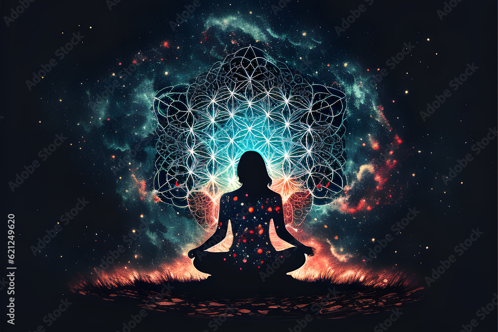 Woman sitting in yoga lotus pose looking at starry sky. Meditation. Flower of life