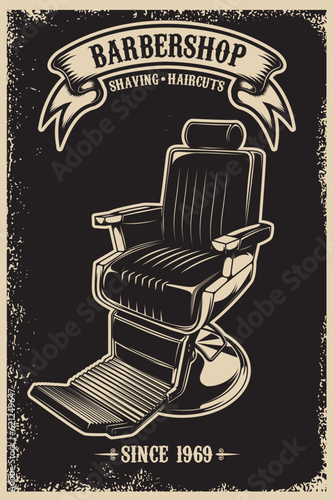 Vintage style poster with a classic barber chair illustration. Perfect for adding a touch of nostalgia and charm to your space.
