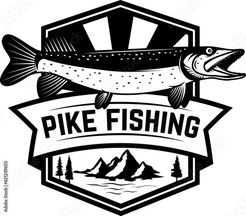 Pike fishing emblem in monochrome style. Pike fish isolated on white background