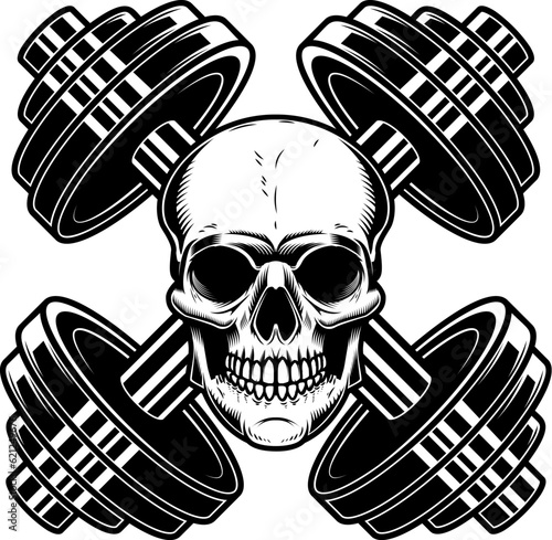 Skull with crossed gym barbells. Gym consept. Design element for logo, label, sign, poster.