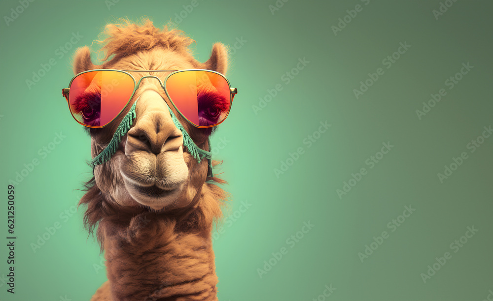 Fototapeta Creative animal concept. Camel in sunglass shade glasses isolated on solid pastel background, commercial, editorial advertisement, surreal surrealism
