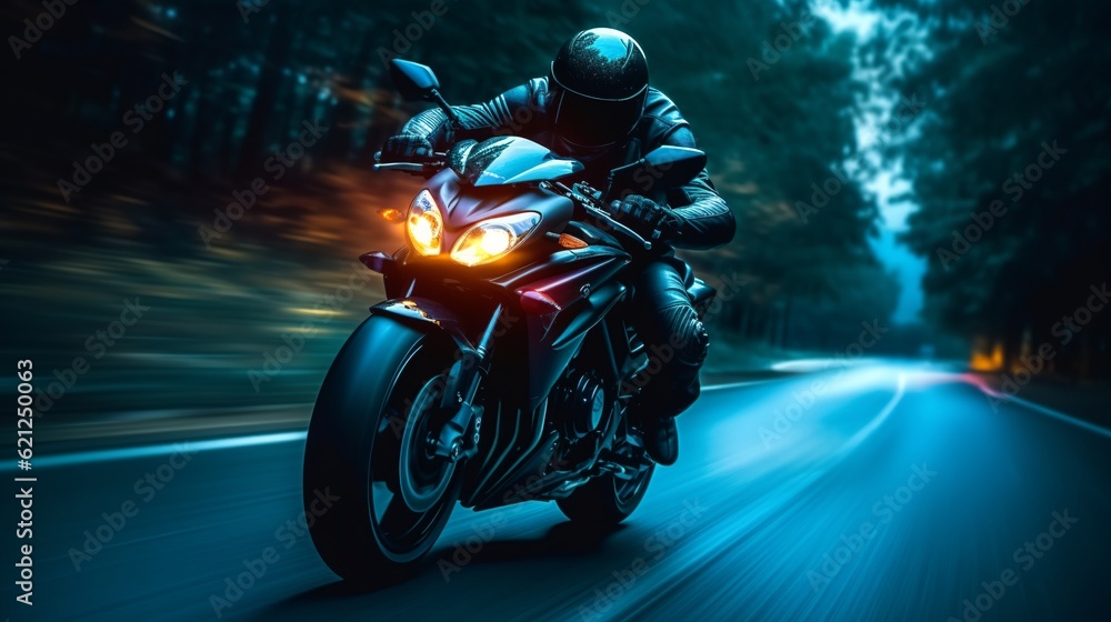  Black motorbike speeding fast on dark road, Generative AI