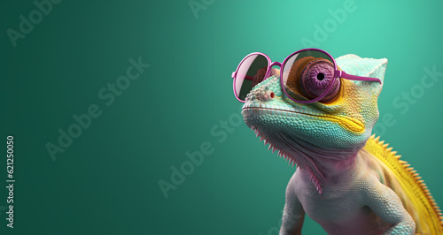Fototapeta Naklejka Na Ścianę i Meble -  Creative animal concept. Chameleon in sunglass shade glasses isolated on solid pastel background, commercial, editorial advertisement, surreal surrealism
