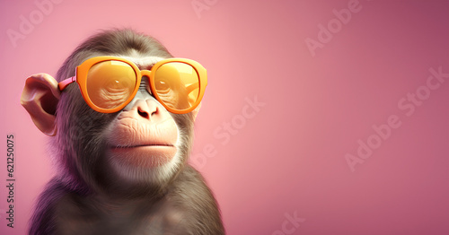 Fototapeta Naklejka Na Ścianę i Meble -  Creative animal concept. Monkey in sunglass shade glasses isolated on solid pastel background, commercial, editorial advertisement, surreal surrealism