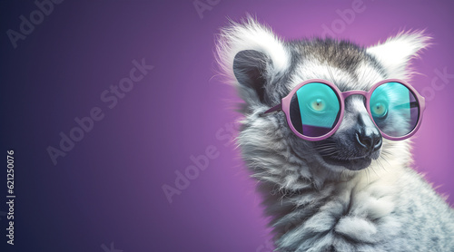 Creative animal concept. Lemur in sunglass shade glasses isolated on solid pastel background, commercial, editorial advertisement, surreal surrealism © Sandra Chia