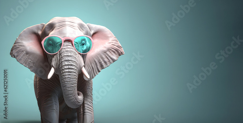 Fototapeta Naklejka Na Ścianę i Meble -  Creative animal concept. Elephant in sunglass shade glasses isolated on solid pastel background, commercial, editorial advertisement, surreal surrealism