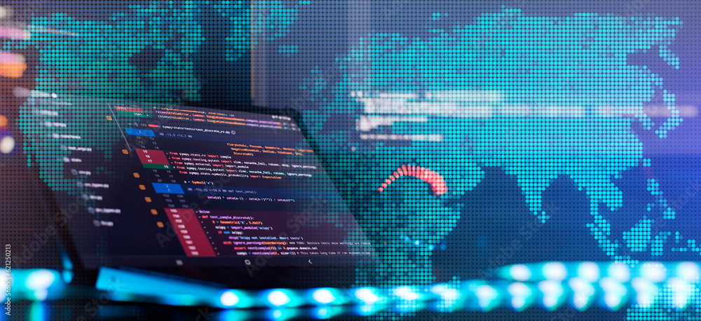 Notebook closeup photo. CSS, JavaScript and HTML usage. Monitor closeup ...