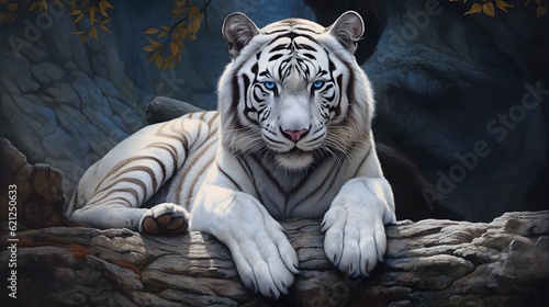 Majestic white tiger resting regally on a rock Generative AI photo