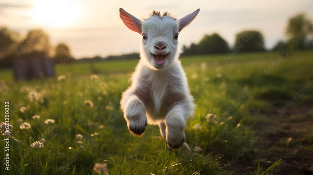 Cute baby goat jumping around in a field Generative AI Cute baby goat jumping around in a field Generative AI