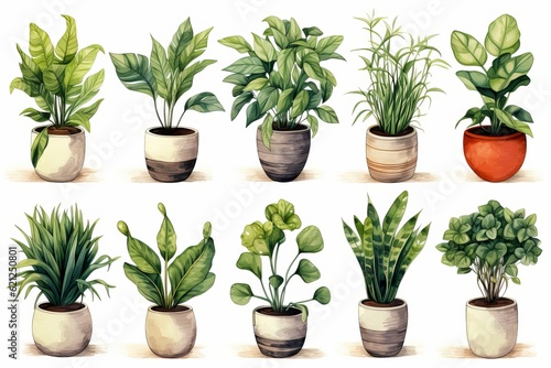 watercolor collection of beautiful plants in ceramic pots