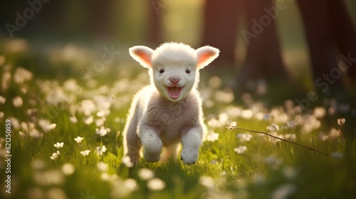 Cute baby lamb frolicking in a green pasture Generative AI