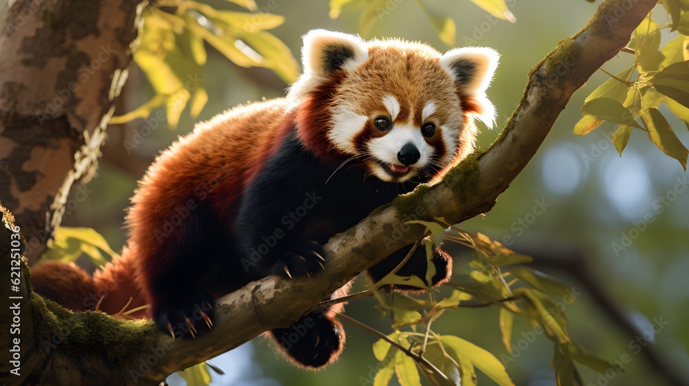 Naklejka premium Playful red panda hanging from a tree branch Generative AI