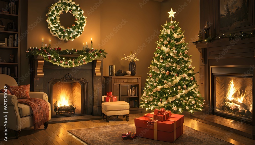 クリスマスの室内、暖炉とプレゼント、デコレーション、温かい雰囲気