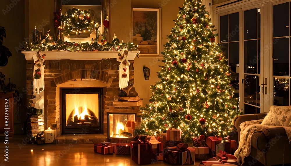 クリスマスの室内、暖炉とプレゼント、デコレーション、温かい雰囲気