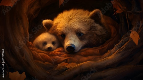 Sleepy bear cub nestled in a cozy den Generative AI