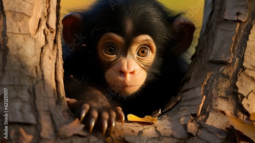 Curious chimpanzee peering out from behind a tree trunk Generative AI