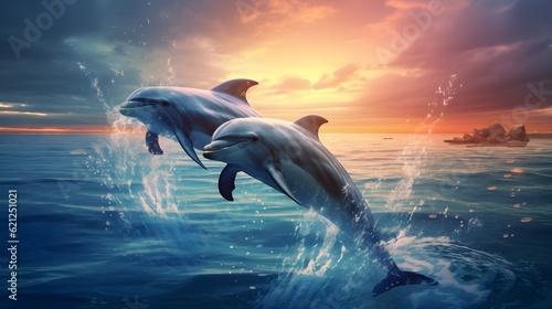 Playful dolphins jumping and splashing in the sparkling blue ocean Generative AI