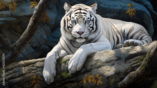 Majestic white tiger resting regally on a rock Generative AI