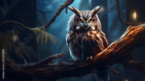 Wise owl perched on a tree branch Generative AI