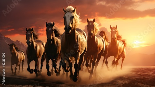 Group of horses galloping freely across a golden sunset Generative AI