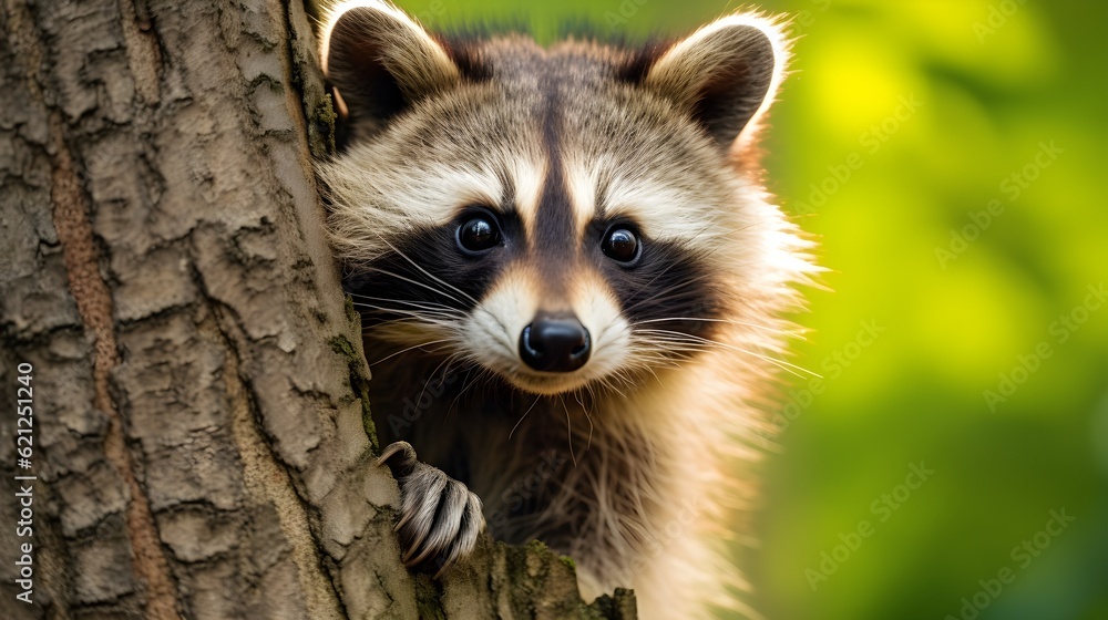 Curious raccoon peering out from behind a tree Generative AI Curious raccoon peering out from behind a tree Generative AI