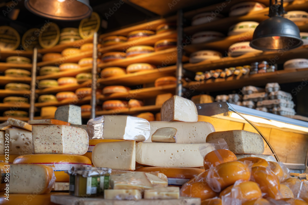 Dutch cheese edam gouda piece and whole round wheel in cheese store. Netherlands gastronomic tourism