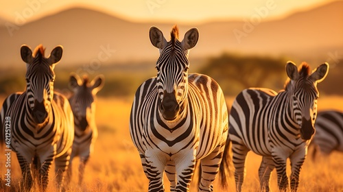 Group of zebras grazing on the grassy plains Generative AI