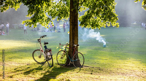 Fototapeta Naklejka Na Ścianę i Meble -  People enjoy picnic on grass at park in Rotterdam destination Netherlands. Bike parked at tree.