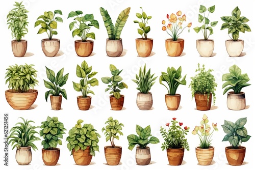 watercolor collection of beautiful plants in ceramic pots