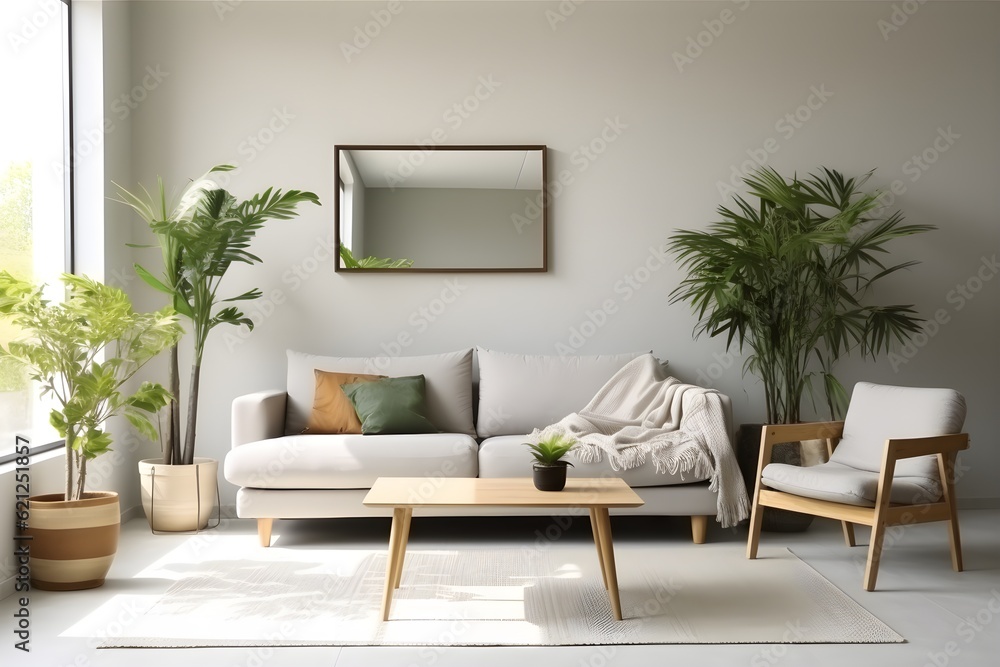interior design of light living room with comfortable sofa, houseplants and mirror near light wall interior design of light living room with comfortable sofa, houseplants and mirror near light wall
