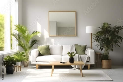 interior design of light living room with comfortable sofa, houseplants and mirror near light wall © SEUNGJIN