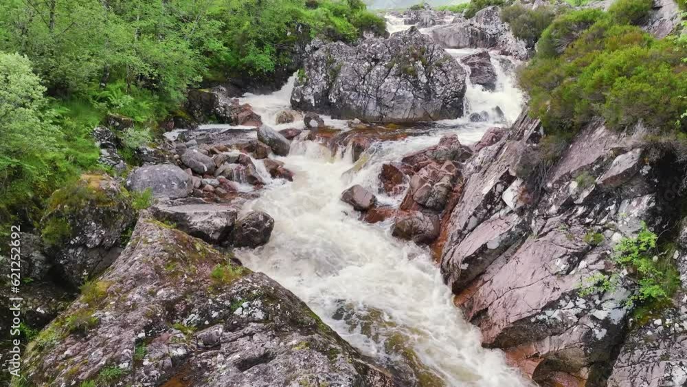 Buachaille Etive Mòr and Waterfall from a drone, River Coupall, Glen Etive and River Etive, Highlands, Scotland, UK Buachaille Etive Mòr and Waterfall from a drone, River Coupall, Glen Etive and River Etive, Highlands, Scotland, UK