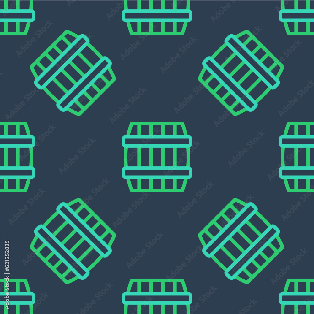Line Wooden barrel icon isolated seamless pattern on blue background. Alcohol barrel, drink container, wooden keg for beer, whiskey, wine. Vector Line Wooden barrel icon isolated seamless pattern on blue background. Alcohol barrel, drink container, wooden keg for beer, whiskey, wine. Vector