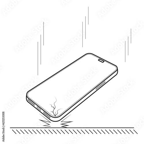 Smartphone crash test and drop-testing. smartphones. Falling the smartphone from a height. The gadget fallen on the floor. Examination of the phone for damage.Vector illustration. Editable stroke.