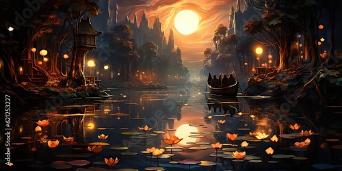 AI Generated. AI Generative. Beautiful moonlight night evening lake nature outdoor landscape. WIth many lotus flowers and lanters around. Graphic Art