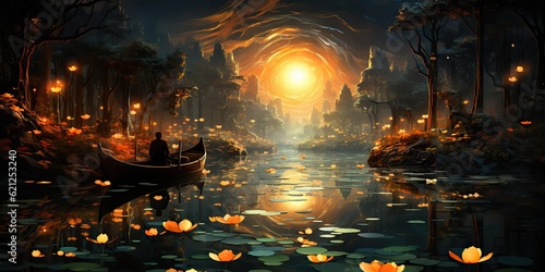 AI Generated. AI Generative. Beautiful moonlight night evening lake nature outdoor landscape. WIth many lotus flowers and lanters around. Graphic Art